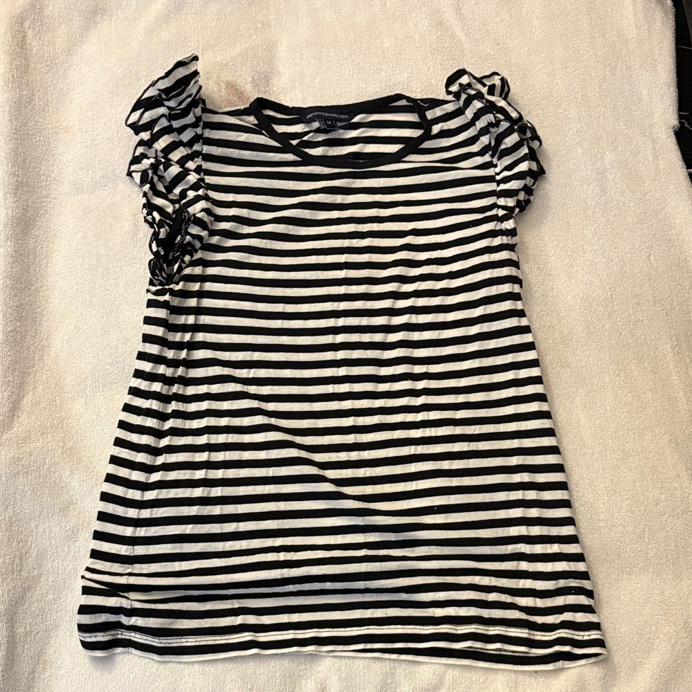 French Connection Black and White Striped Ruffle Sleeve Top